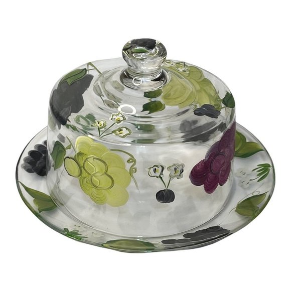 Hand Painted Clear Glass Covered Cheese Butter Dish w/ Grape Pattern - Picture 6 of 10
